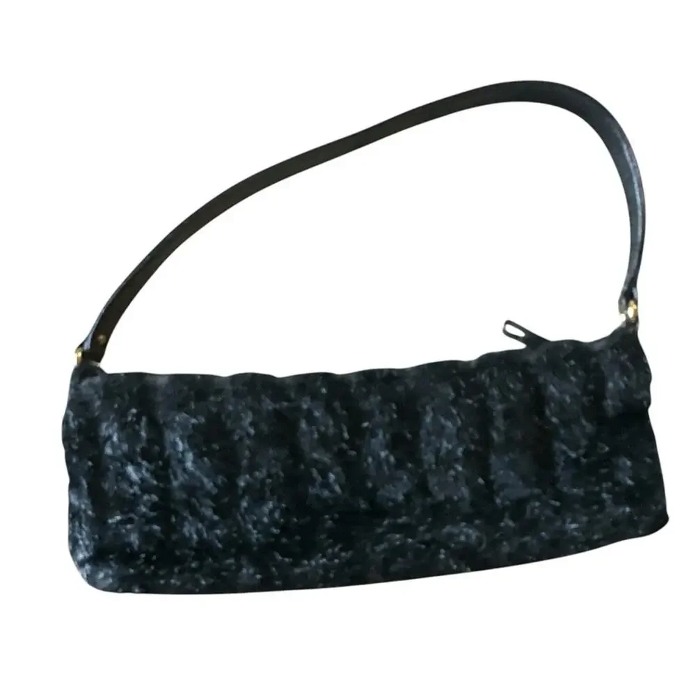 Kate Spade Black Faux Fur Shoulder Bag Embossed Strap Bright Print Lining Chic